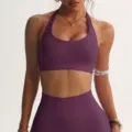 Seamless purple halter neck sports bra with matching high waist yoga leggings. - Cherry Purple