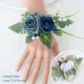Elegant blue artificial rose wrist corsage with pearl bracelet for wedding guests - Wrist Corsage / Haze Blue