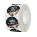 Floral black Thank You stickers roll featuring elegant pink roses and butterflies. - 25mm 500 Pcs/Roll / Black Base Rose Butterfly Style (C4)