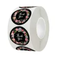 Floral Thank You stickers with black background and pink flower wreath design on roll - Black Background Fresh Pink Floral Style (C31) / 25mm 500 Pcs/Roll