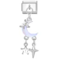 Elegant silver Italian modular charm pendant featuring iridescent moon and hanging stars - Blue Iridescent Moon Star Style (33)