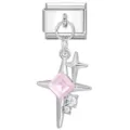 Silver modular Italian charm bracelet link with a sparkling pink star dangling pendant - Pink Gem Four-Pointed Star Style (31)