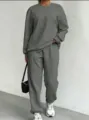 Casual grey cable knit two-piece lounge set with long sleeve top and matching pants - S / Top And Bottom / Gray