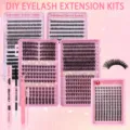 Kit profesional de extensión de pestañas DIY con grupos individuales y pegamento - Juego de Pestañas de 4 Cajas (011+502+655) + Kit de Herramientas Grande Rosa