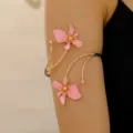Adjustable gold-tone armlet featuring delicate pink floral charms for vacation wear - Pink Enamel Flower Style (07)