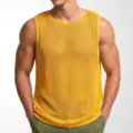 Close-up detail of a men's yellow breathable mesh knit tank top showing high-quality fabric - M / Tops / Yellow