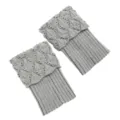 Close-up view of grey knitted boot cuffs featuring a stylish scalloped edge crochet detail. - One Size / Light Gray
