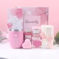 Pink spa gift basket set with tumbler, rose bath salt and candle in gift box - 21*21*10cm / New Pink 04