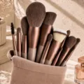 Professional 13pcs makeup brush set with bronze ferrules and brown storage bag. - 12pcs Set + Bag / Coffee