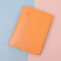Nahaufnahme der orangefarbenen Reisepasshülle mit Flugzeug-Prägung und Ledertextur. - Orange