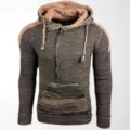 Detail view of men's color-block knitted hoodie with half-zip and kangaroo pocket - 3XL / Tops / Olive Brown