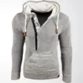 Detail of grey men's ribbed knitted hoodie with half-zip and functional drawstring hood - Light Gray