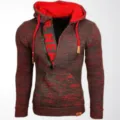 European style men's knitted hoodie with half-zip placket and contrast red inner lining - Black Red