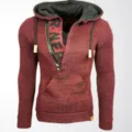 Men's wine red knitted hoodie featuring a black half-zip detail and kangaroo pocket. - 3XL / Tops / Red