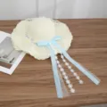 Sweet straw sun hat with wide lace brim and light blue ribbon bow for beach vacation - Small Flower Lace Style / Cream