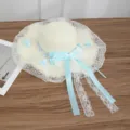 Elegant cream straw sun hat featuring a wide lace brim and light blue ribbon bow - Applique Green Ribbon Style / Cream