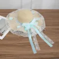 Elegant wide brim straw sun hat featuring light blue lace bows and butterfly accents - Applique Green Ribbon Style / Beige