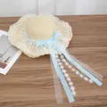 Elegant women's straw sun hat with light blue bow and lace ribbons for beach vacation - Small Flower Lace Style / Beige