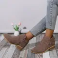 Stylish brown pointed-toe block heel ankle boots for women featuring a side zipper - Coffee