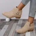 Stylish women's beige pointed toe ankle boots featuring square heel and side zipper - Khaki