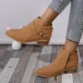 Fashionable tan pointed-toe ankle boots with side zipper and low square heel for women - Tan