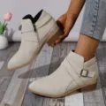 Elegant beige pointed toe ankle boots with square heel and side zipper detail - Off White