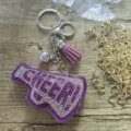 Purple sparkling rhinestone megaphone keychain with suede tassel and Cheer letters. - Purple (Tassel Style)