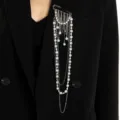 Elegant long tassel brooch with faux pearls and silver chains on a black blazer - 04 Artificial Pearl Tassel White K (X487)