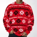 Detail of men's red festive sweater with knitted snowflake and Merry Christmas pattern - M / Tops / Red