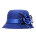 Elegant vintage royal blue wool cloche hat for women with large rose and mesh detail - One Size / Sapphire Blue