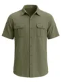 Front view of a men's army green short-sleeve linen shirt with dual chest pockets - S / Tops / Army Green