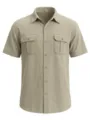 Detailed view of a khaki linen short-sleeved shirt featuring double chest pockets and textures - S / Tops / Light Khaki