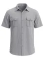 Detail of gray men's short sleeve linen shirt with classic collar and double pockets. - Gray