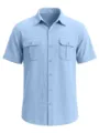 Detailed view of light blue linen shirt with patch pockets and classic collar - Light Blue