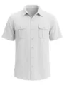 Detailed view of a white linen short-sleeve shirt with two chest pockets and classic collar - S / Tops / White