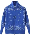 Casual blue knitted cardigan with white bandana jacquard pattern and front pockets - S / Tops / Blue