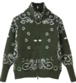 Dark green knit cardigan with white paisley pattern and front zipper closure. - Olive Green
