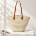 Handmade large capacity woven straw tote bag with brown leather straps for beach vacation - Zipper Closure / Off White