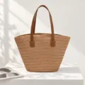 Elegant handmade straw woven tote bag with brown leather handles for beach and holiday - Zipper Closure / Khaki