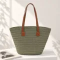 Large handwoven straw tote bag in sage green with brown leather handles for beach. - Zipper Closure / Green