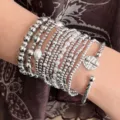 Bohemian silver beaded and pearl stacking bracelet set with a unique cross charm - Silver Cross Bracelet Combo (XY-4335+XY-236 Combo) / Multi-piece Bracelet Set