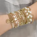 Stacked gold beaded bracelets set with faux pearls and star charms for elegant women - Gold Star Cross Combo (XY-235+XY-436*2 Combo) / Multi-piece Bracelet Set