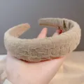 Beige wide sponge headband, solid plush textured hair hoop for daily wear and face washing - Coffee