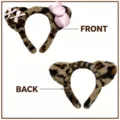 Leopard print animal ears headband with pink bow cosplay hair hoop for party and holiday dress up. - Headband