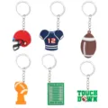 Set of 6 PVC American football keychains featuring helmets, jerseys, and field designs. - Rugby Metal Ring Style