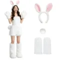 Ensemble costume de lapin avec serre-tête oreilles, haut en peluche blanche, gants et jambières. - Ensemble Jambières en Peluche / Ensemble trois pièces / Blanc