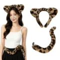 Leopard print cat ear headband and plush tail costume set, fashion animal cosplay accessories. - Headband And Tail / Two-Piece Set