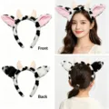 Cute plush cow ear headband with horns, soft animal costume hair hoop for cosplay and parties. - Cow Headband