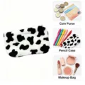 Cute cow print plush pouch fuzzy cosmetic bag multi-functional portable pencil case for women. - Wallet