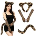 Leopard print costume set with animal ears headband, long gloves and tail for cosplay party. - Headband Tail And Gloves / Three-Piece Set